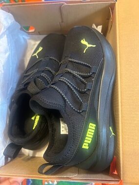 Puma Kids Black Sneakers with Neon Yellow Accents